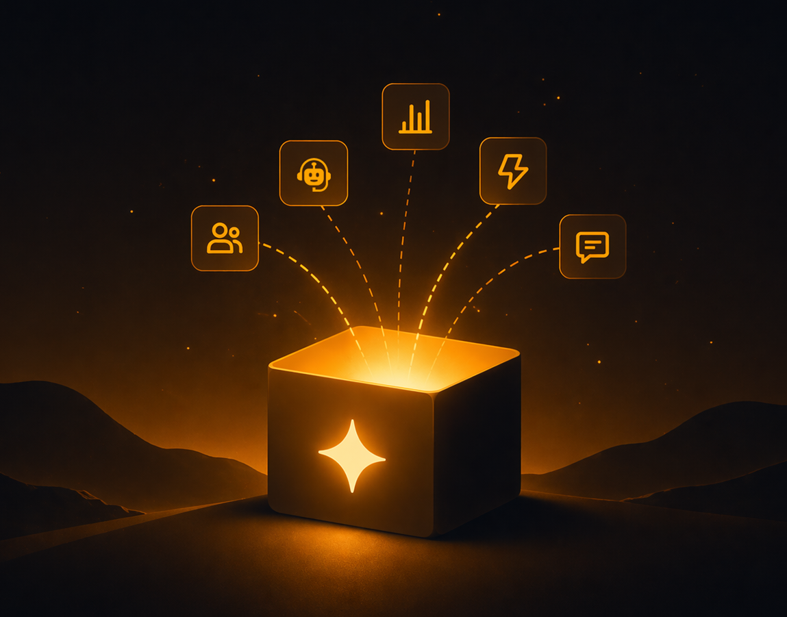 A glowing Sparqbox emitting four icons representing submission, AI review, scoring, and feedback